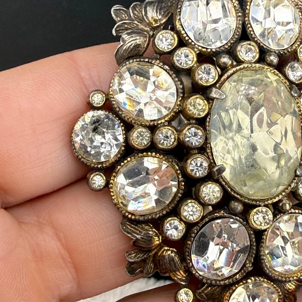Vintage Dress Clip Silver Tone Clear Rhinestone Art Deco Revival Floral